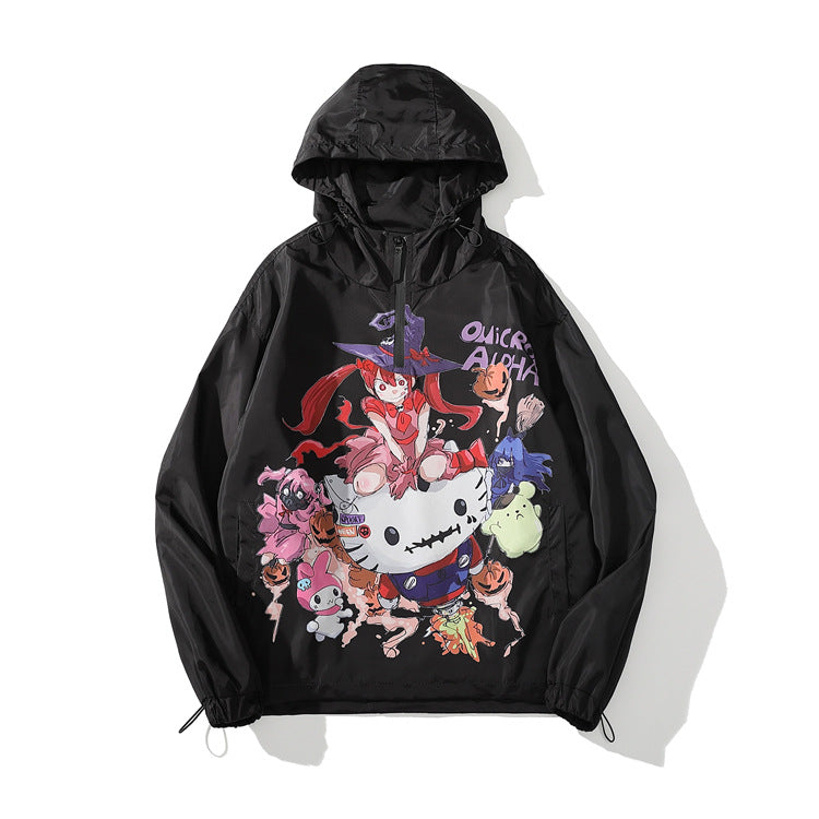 Chaqueta cortavientos con capucha y estampado de dibujos animados de anime