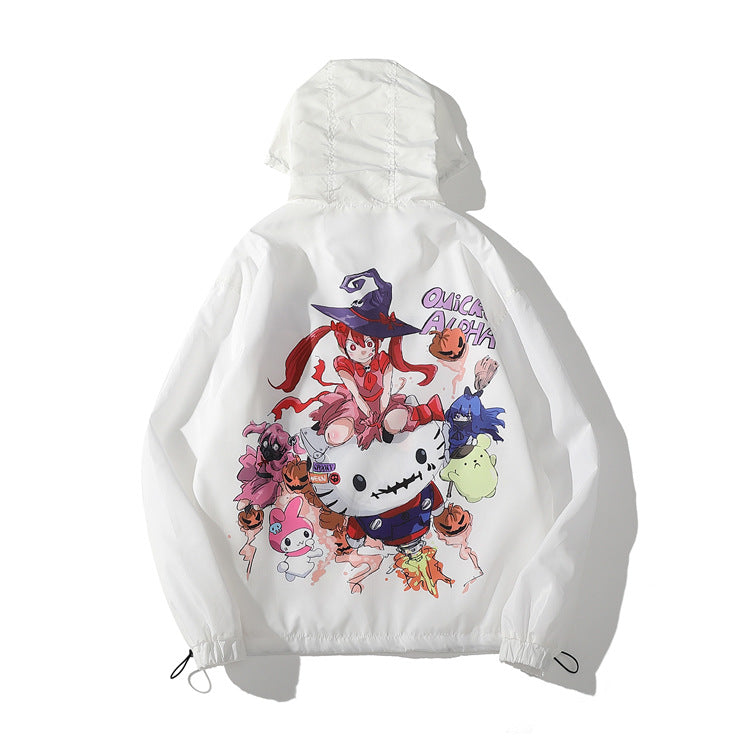 Chaqueta cortavientos con capucha y estampado de dibujos animados de anime