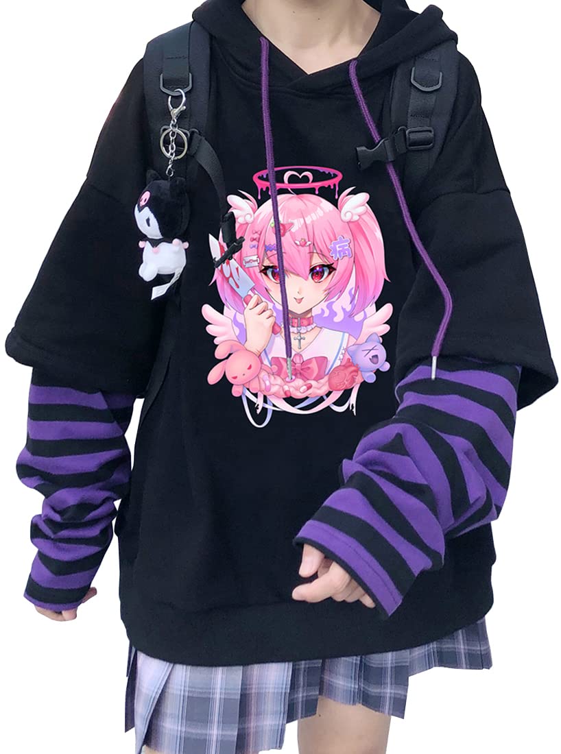 WINKEEY Sudadera con Capucha Kawaii Gótica para Mujer, Estampado de Anime Japonés Y2K, Bonito Diseño Harajuku, Manga Larga, Talla XXG, Rosa 01